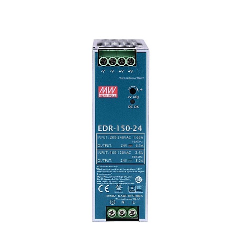 EDR-150-24 MEANWELL 150W 24VDC 5.2A 115VAC/6.5A 230VAC jednowyjściowy przemysłowy SZYNA DIN