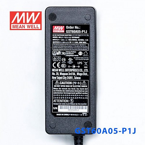 GST60A05-P1J MEANWELL 30W 5VDC 6A 115/230VAC AC-DC Niezawodny zielony zasilacz przemysłowy