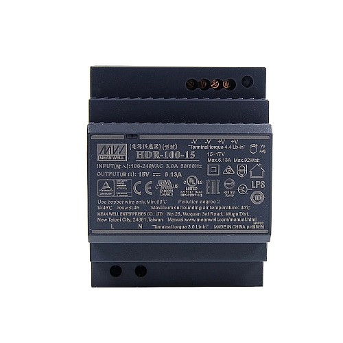 HDR-100-15 MEANWELL 92W 15VDC 6.13A 115/230VAC Ultra cienki zasilacz na szynę DIN