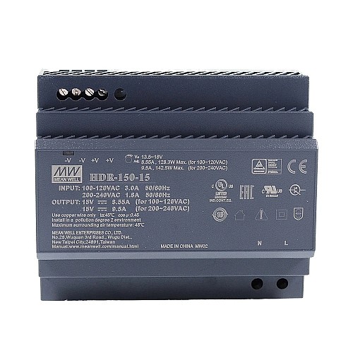 HDR-150-15 15VDC 8.55A 128.3W 115VAC/9.5A 142.5W 230VAC Ultra cienki schodkowy zasilacz na szynę DIN