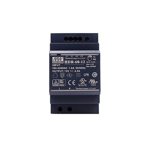 HDR-60-12 MEANWELL 54W 12VDC 4.5A 115/230VAC Ultra cienki zasilacz na szynę DIN