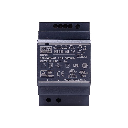 HDR-60-15 MEANWELL 60W 15VDC 4A 115/230VAC Ultra cienki zasilacz na szynę DIN