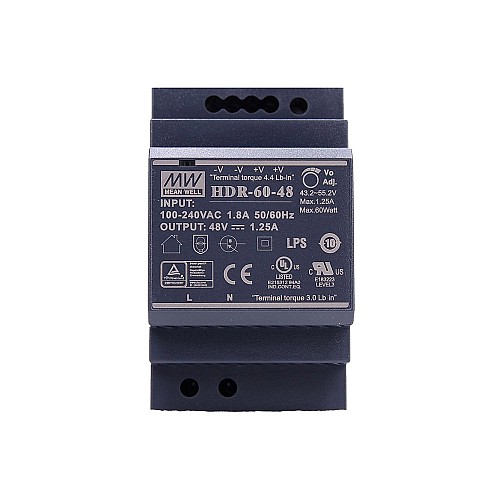 HDR-60-48 MEANWELL 60W 48VDC 1.25A 115/230VAC Ultra cienki zasilacz na szynę DIN HDR-60-48 MEANWELL 60W 48VDC 1.25A 115/230VAC Ultra cienki zasilacz na szynę DIN
