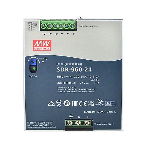 SDR-960-24 MEANWELL 960W 24VDC 40A 230VAC z funkcją PFC Zasilacz na szynę DIN SDR-960-24 MEANWELL 960W 24VDC 40A 230VAC z funkcją PFC Zasilacz na szynę DIN