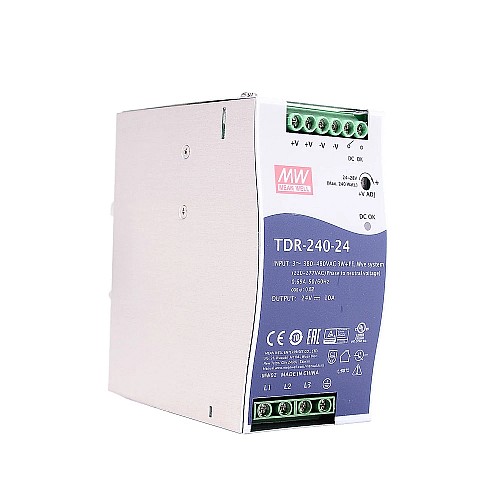 TDR-240-24 MEANWELL 240W 24VDC 10A 400/500VACWąska trójfazowa przemysłowa szyna DIN z funkcją PFC