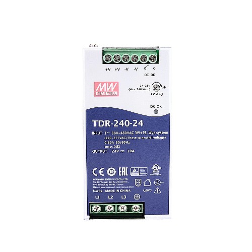 TDR-240-24 MEANWELL 240W 24VDC 10A 400/500VACWąska trójfazowa przemysłowa szyna DIN z funkcją PFC