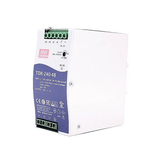 TDR-240-48 MEANWELL 240W 48VDC 5A 400/500VACWąska trójfazowa przemysłowa szyna DIN z funkcją PFC