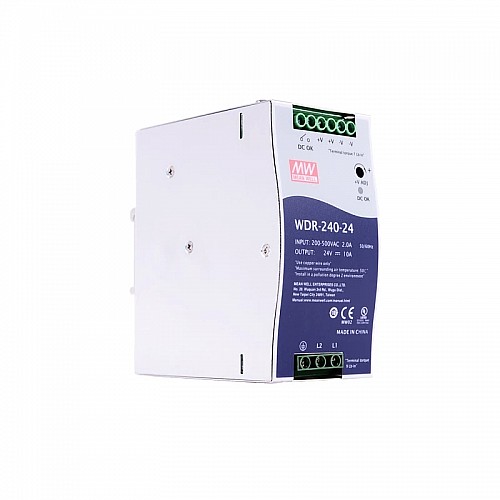 WDR-240-24 MEANWELL 240W 24VDC 10A 230/400VAC Ultra szerokiWejściowy przemysłowy zasilacz na szynę DIN WDR-240-24 MEANWELL 240W 24VDC 10A 230/400VAC Ultra szerokiWejściowy przemysłowy zasilacz na szynę DIN
