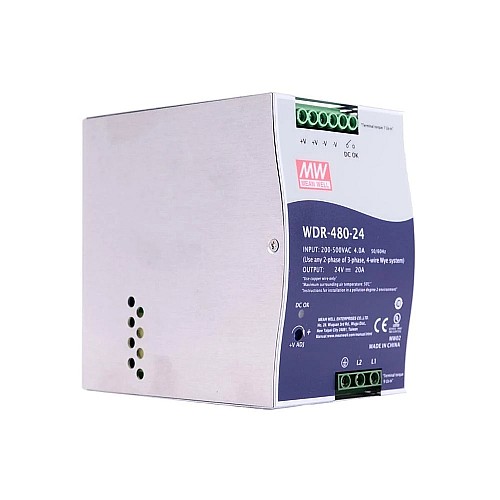 WDR-480-24 MEANWELL 480W 24VDC 20A 230/400VAC Ultra szerokiWejściowy przemysłowy zasilacz na szynę DIN