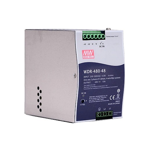 WDR-480-48 MEANWELL 480W 48VDC 10A 230/400VAC Ultra szerokiWejściowy przemysłowy zasilacz na szynę DIN